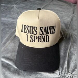 Jesus Saves I Spend Beige and Black Cap